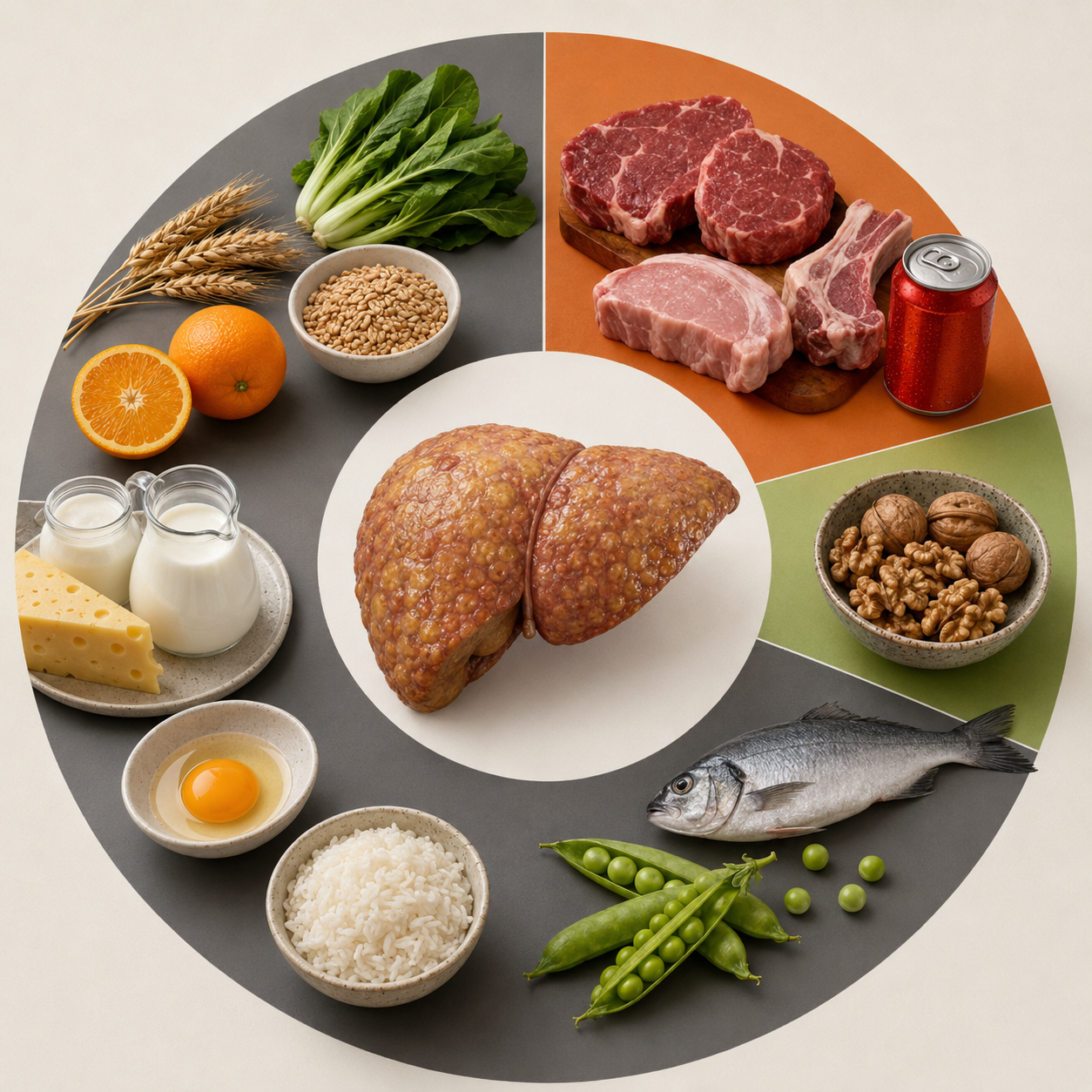 Realistic fatty liver diet infographic showing a fatty liver surrounded by foods to eat and limit for liver health, based on the guide “Fatty Liver Diet: What to Eat to Reverse It.”