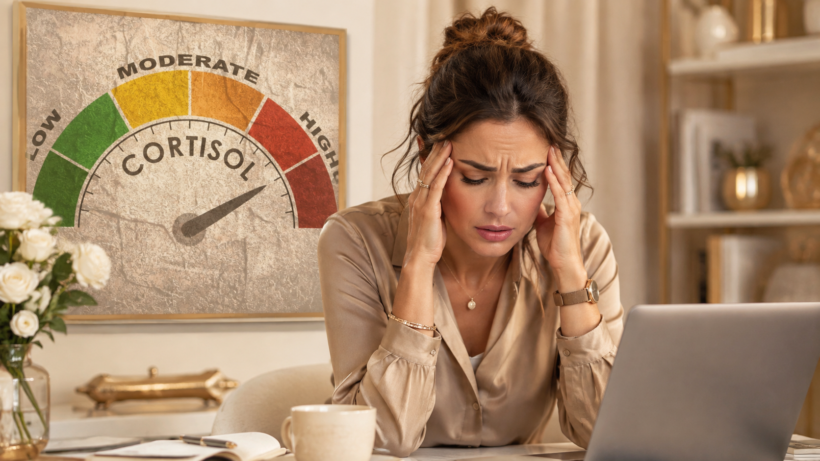 Stressed woman with a high cortisol gauge in the background, illustrating how to reduce cortisol and what food can and cannot do for stress and cortisol levels.