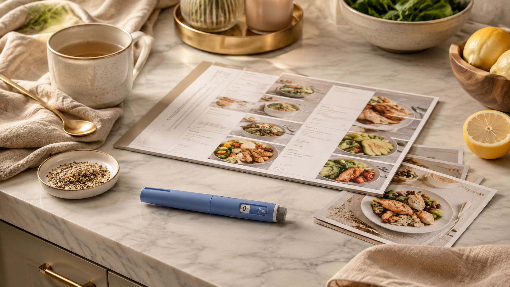 Ozempic injection pen beside a healthy GLP-1 meal plan with balanced recipes, illustrating what to eat on Ozempic for weight loss, nutrition, and fewer side effects.