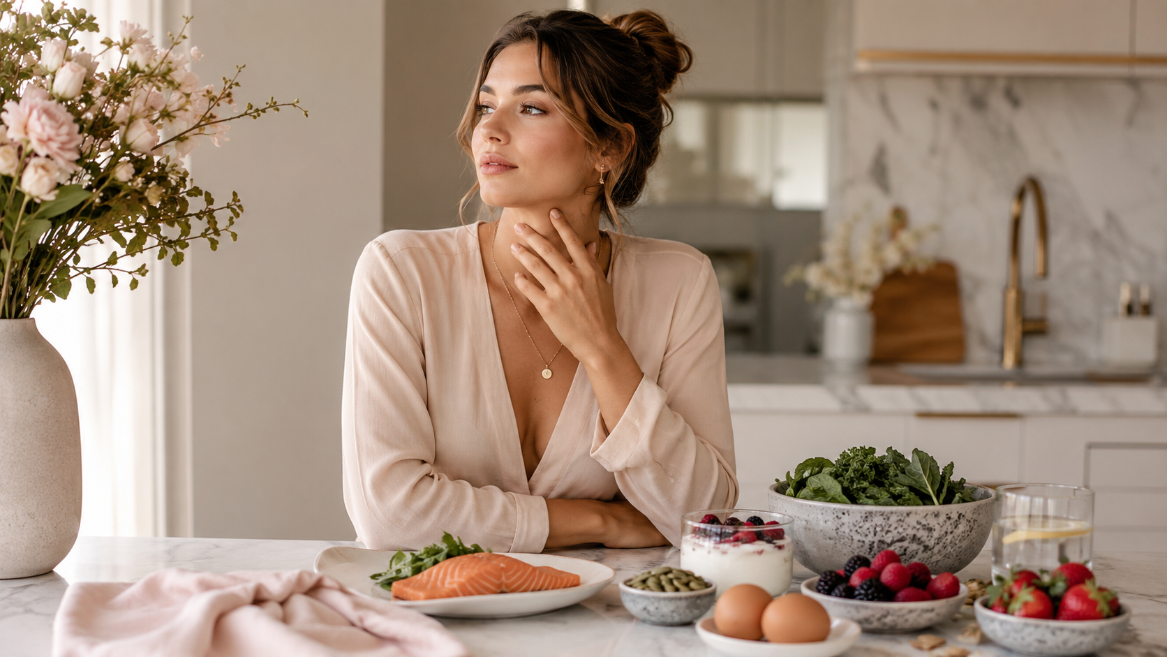 Thyroid and weight loss concept showing a woman touching her neck in a luxury kitchen, surrounded by nutrient-rich foods that support thyroid health and healthy weight loss.