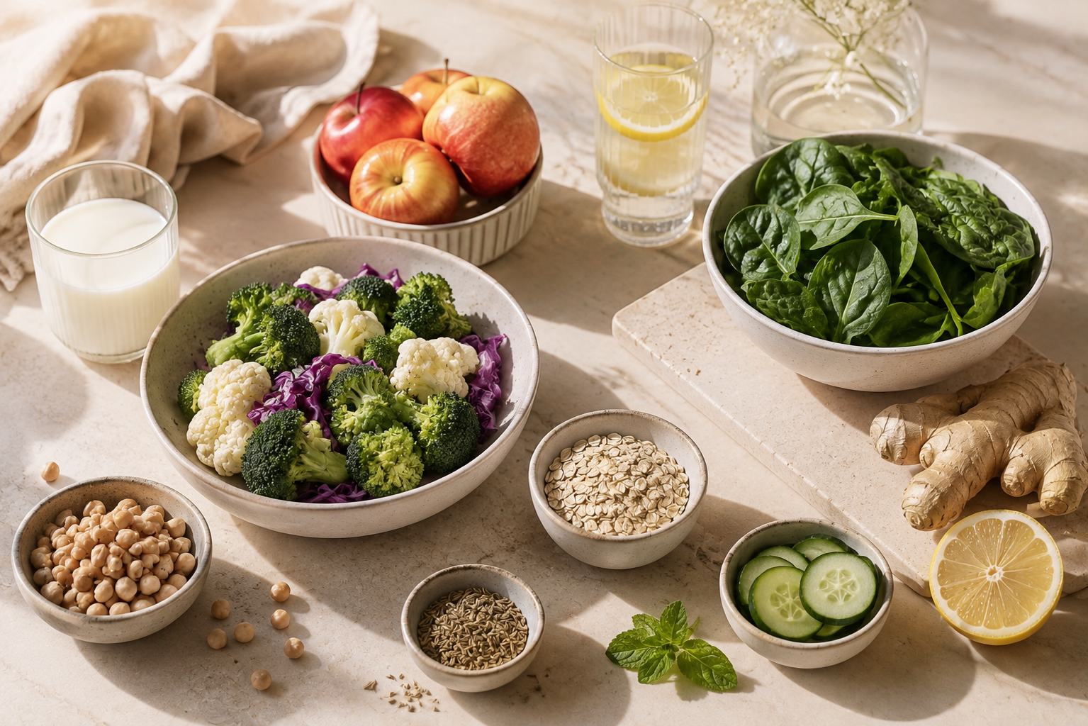 Luxury aesthetic food flat lay featuring foods that cause bloating and foods that reduce bloating, including broccoli, cauliflower, cabbage, chickpeas, apples, spinach, cucumber, ginger, lemon, oats and mint.