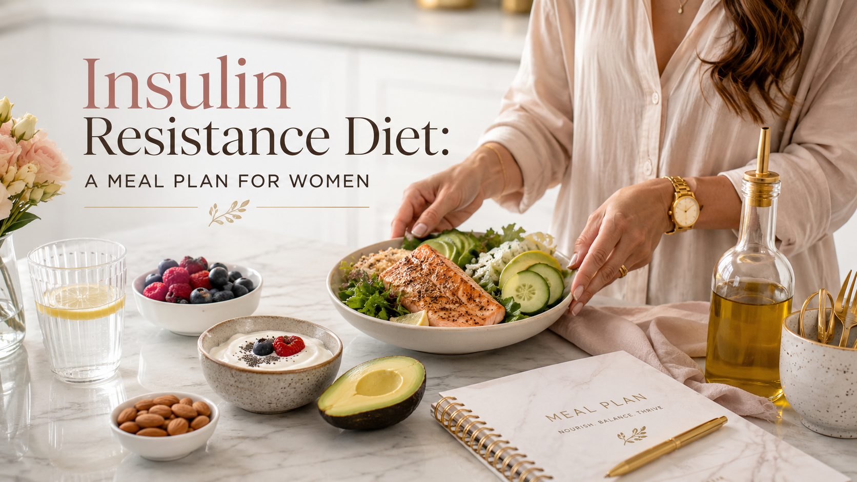Insulin resistance diet meal plan for women featuring grilled salmon, avocado, leafy greens, berries, Greek yogurt, almonds and olive oil in a bright, luxurious kitchen setting.