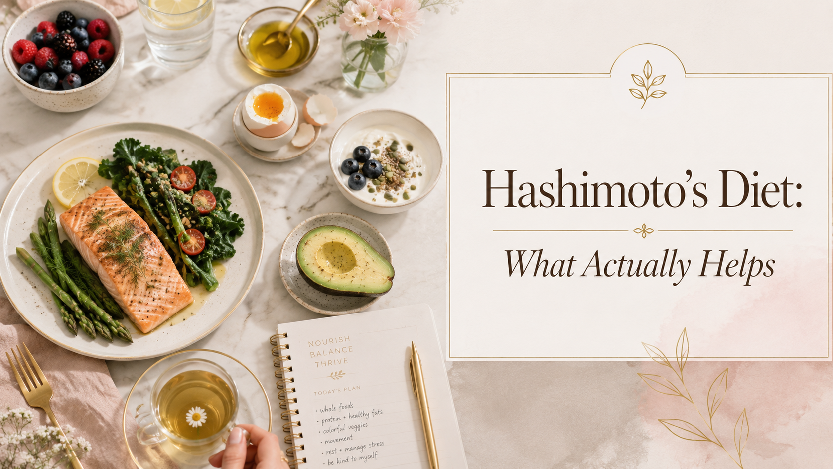 Hashimoto’s diet blog image featuring grilled salmon, asparagus, leafy greens, avocado, berries, yogurt, a soft-boiled egg, herbal tea and a wellness planner in a luxury flat-lay setting.