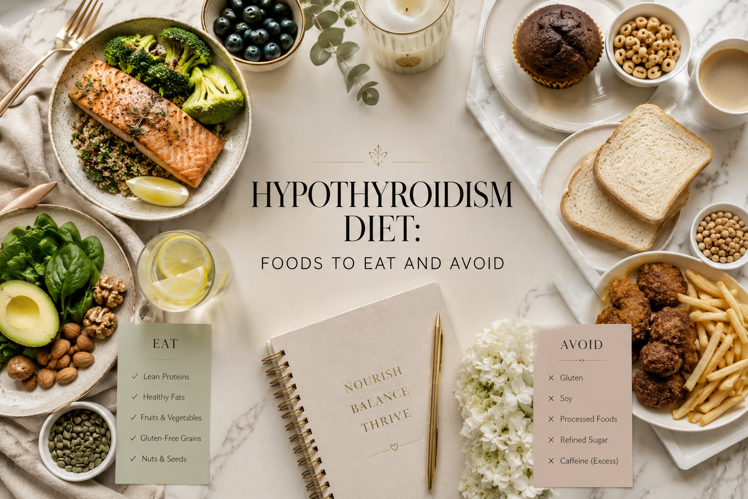 Hypothyroidism diet guide featuring salmon, quinoa, broccoli, avocado, leafy greens, berries, nuts and seeds alongside bread, sugary cereal, muffins, fried foods and other foods to limit.