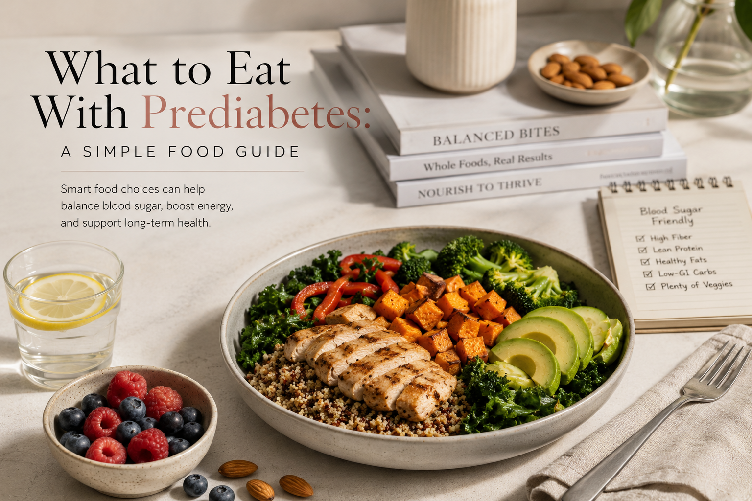 Prediabetes food guide featuring grilled chicken, quinoa, roasted sweet potato, avocado, broccoli, kale, peppers, berries, almonds and lemon water in a bright, elegant kitchen setting.