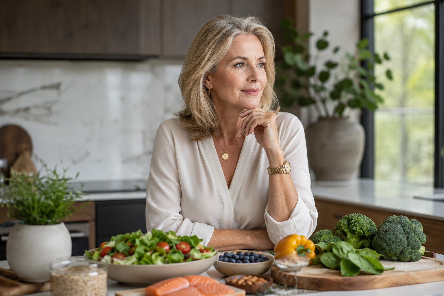 A stylish middle-aged woman in a bright modern kitchen, surrounded by fresh vegetables, berries, salmon, nuts, and other healthy foods for managing menopause weight gain.