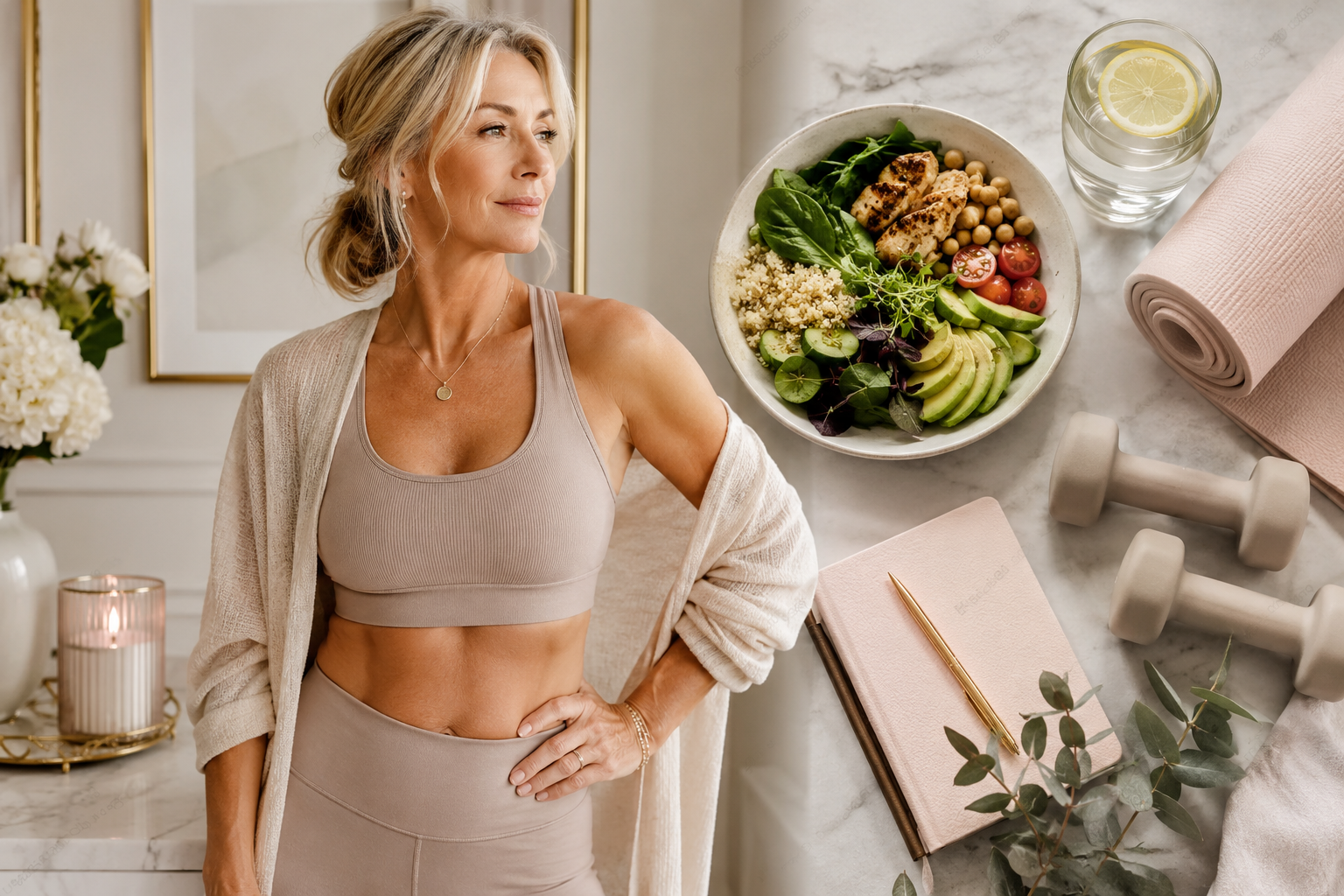 A stylish woman in menopause wearing neutral activewear stands beside a healthy meal, dumbbells, a yoga mat, and lemon water in a bright, elegant wellness setting.