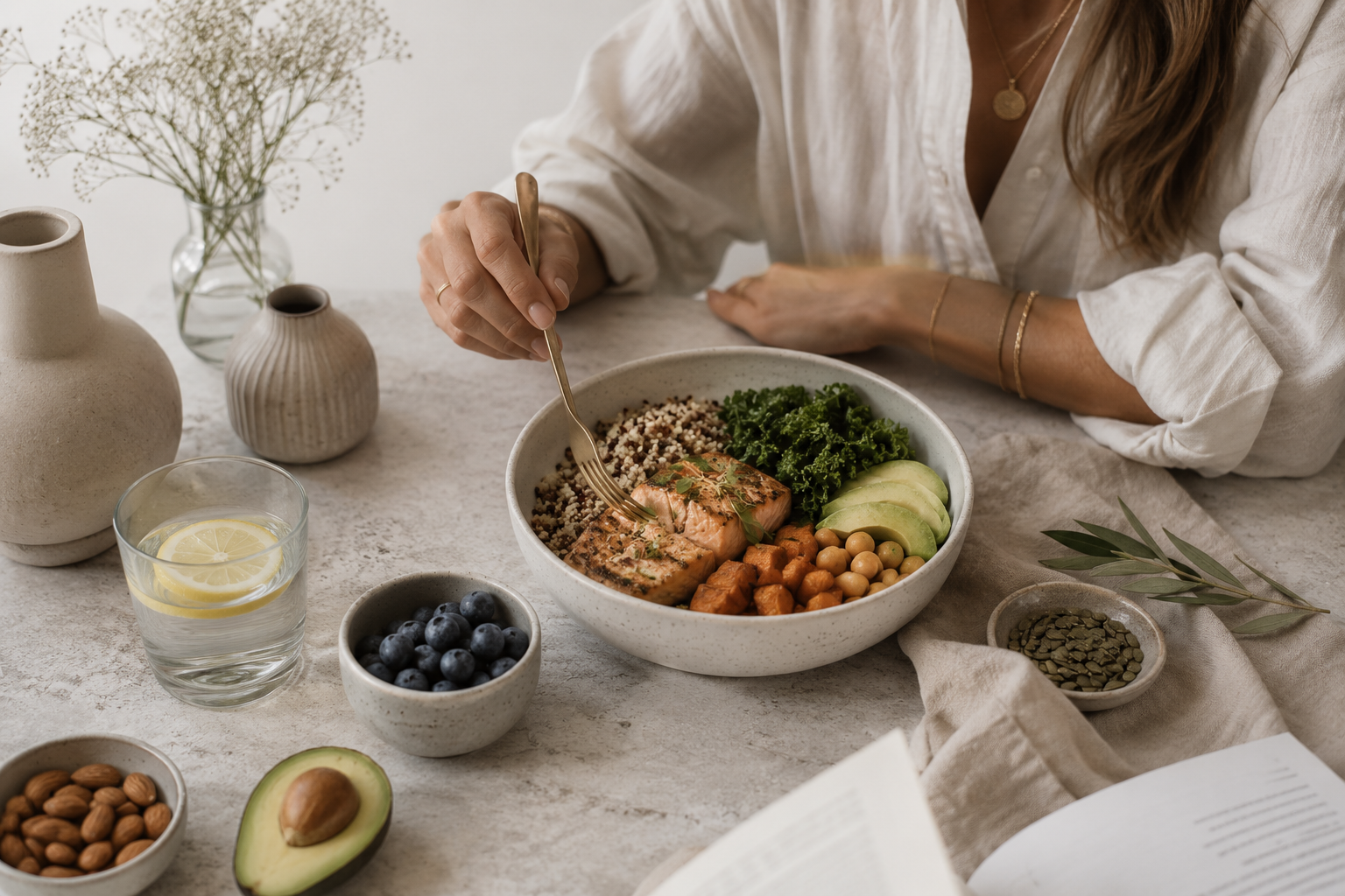Woman in a bright Scandinavian-style interior enjoying a balanced meal with salmon, quinoa, avocado, greens, chickpeas, and berries to support stable blood sugar levels.