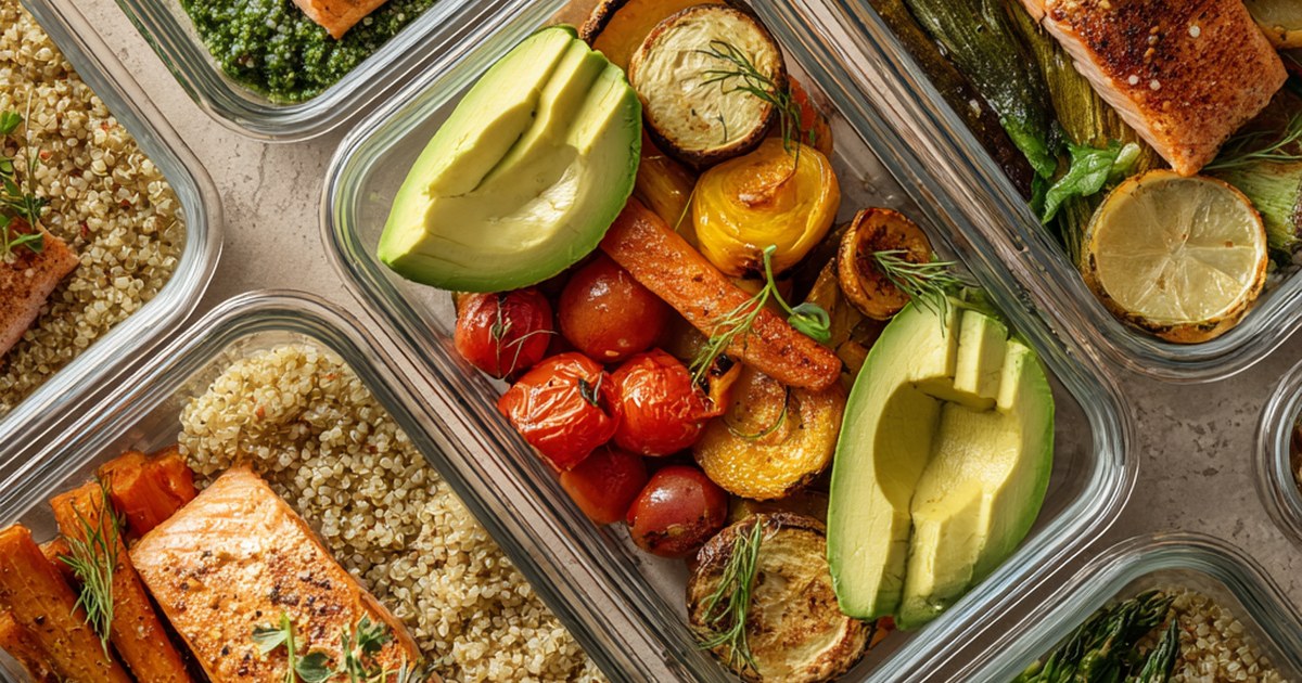 Weekly meal prep ideas for weight loss — grilled salmon with quinoa and roasted vegetables in glass containers