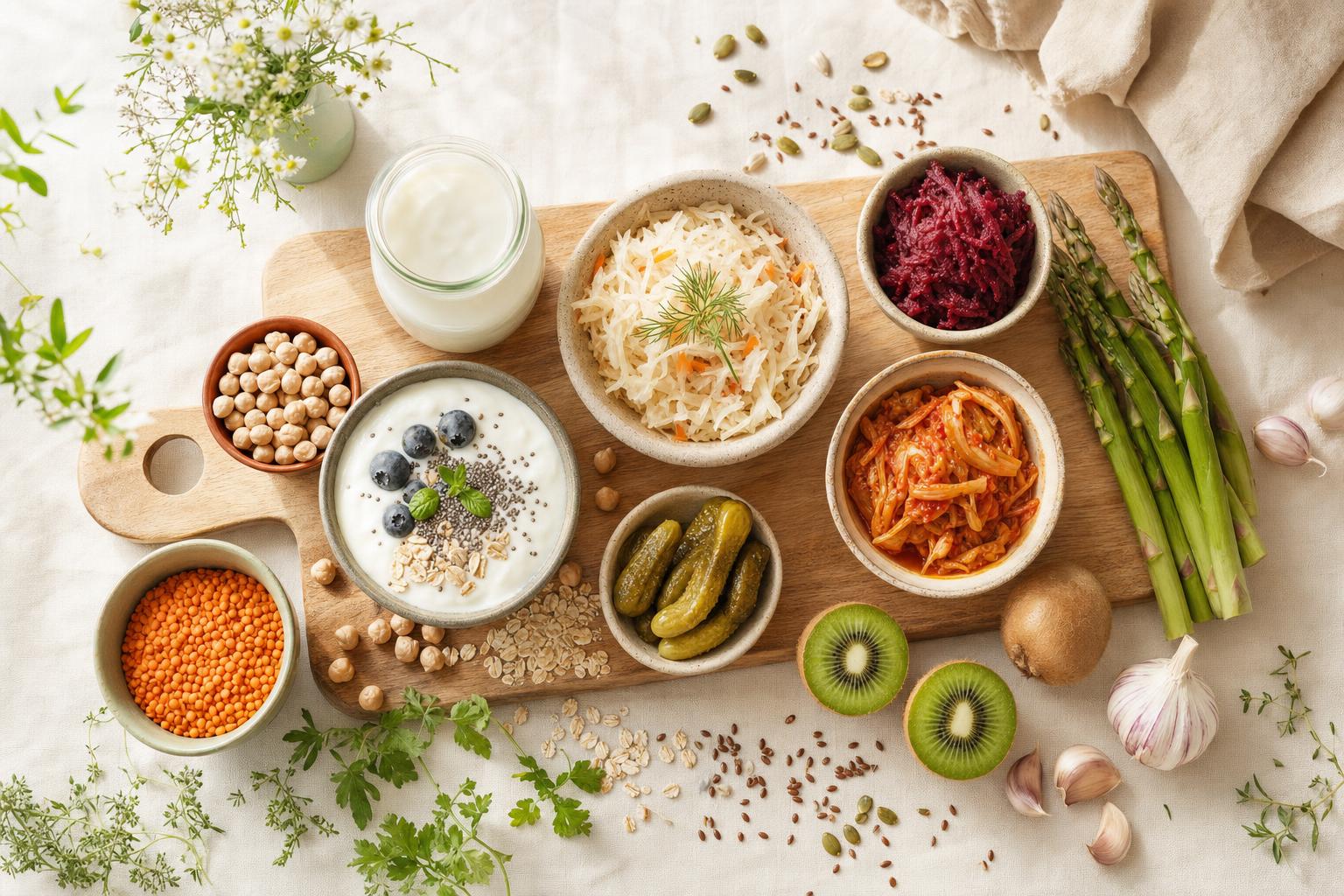 Gut health foods flat lay: yogurt with berries and chia, kefir, kimchi, sauerkraut, lentils, oats and kiwi on a wooden board
