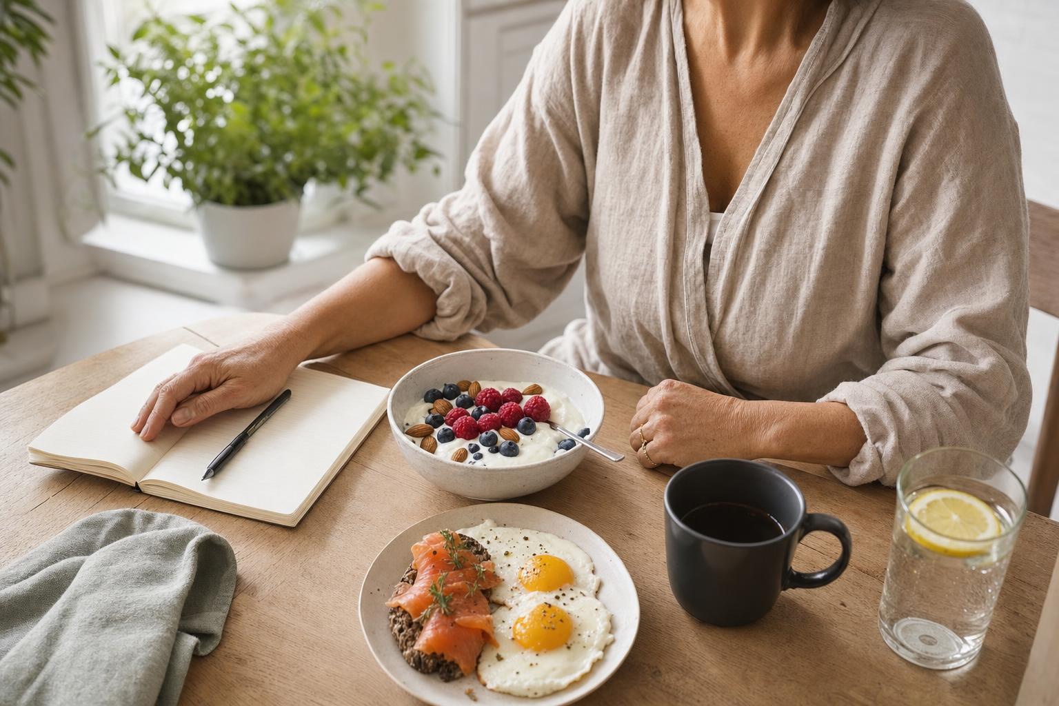 Woman in her forties at a bright kitchen table with a high-protein breakfast of Greek yoghurt, berries, eggs and smoked salmon — illustrating how to lose weight after 40 with protein-forward meals.