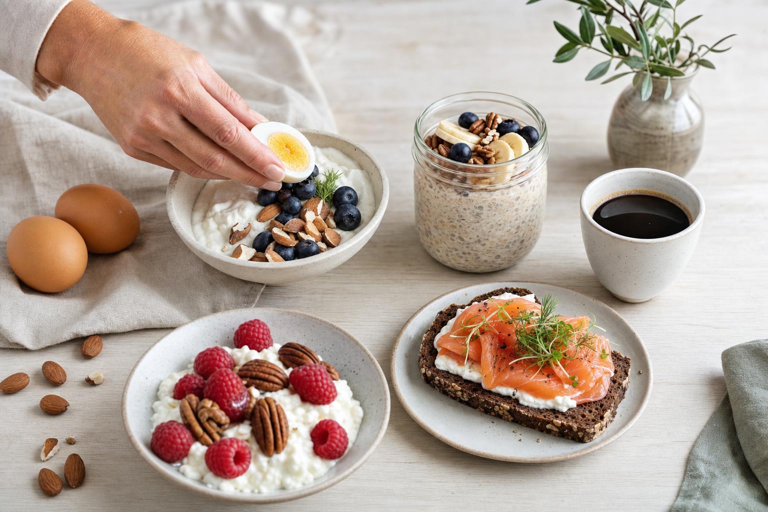 Overhead view of four high-protein breakfast ideas on a wooden table — skyr with almonds and a boiled egg, overnight oats, smoked salmon on rye and cottage cheese with berries — each reaching 25 to 35 g of protein for weight loss.