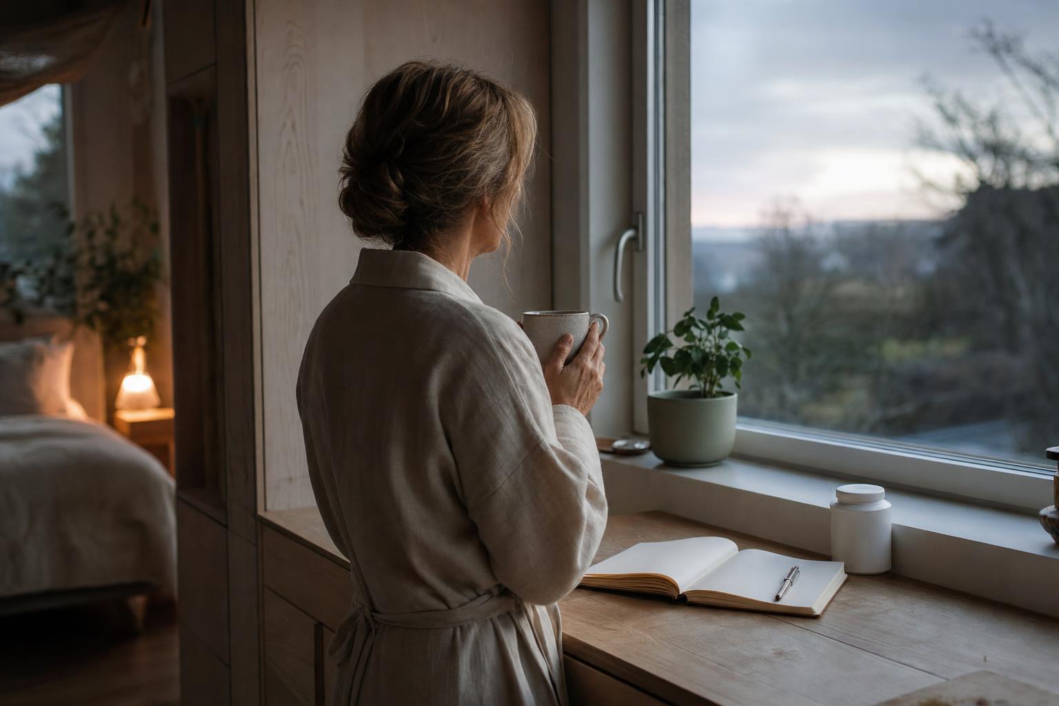 Woman seen from behind in a quiet kitchen before dawn, holding a mug beside an open notebook and a pushed-aside supplement jar — illustrating how lowering cortisol, not buying supplements, reduces stress-related belly fat.