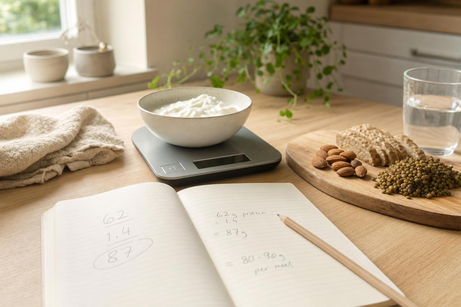 An open notebook with a handwritten protein calculation beside a kitchen scale holding a bowl of skyr, with tempeh, almonds and lentils on a board - working out how much protein per day a woman needs and what that looks like as food.