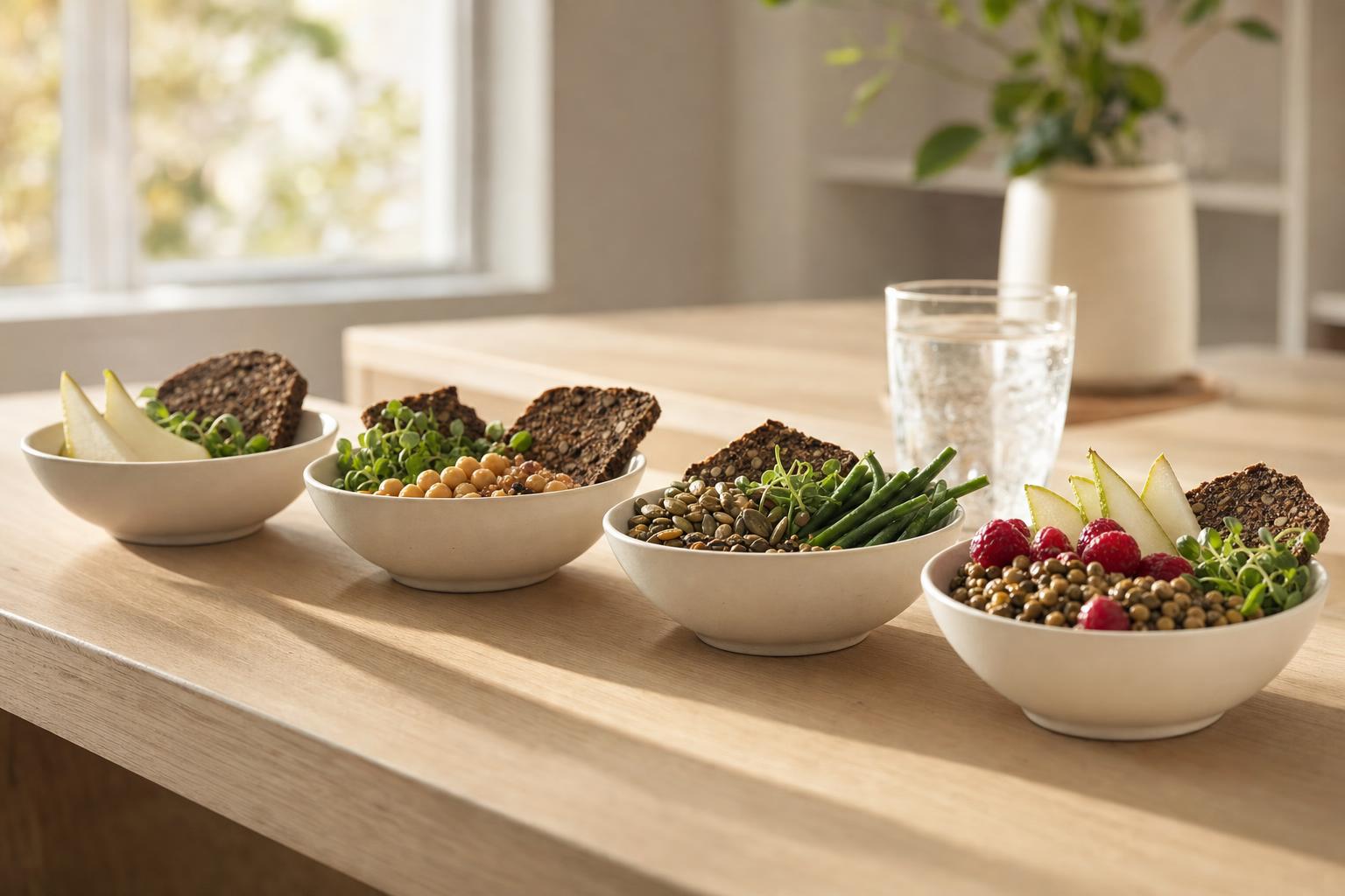 Four bowls in a row on a kitchen counter, each fuller than the last, from a slice of rye and a pear up to lentils and raspberries - how a high fiber meal plan is built up over four weeks rather than all at once.
