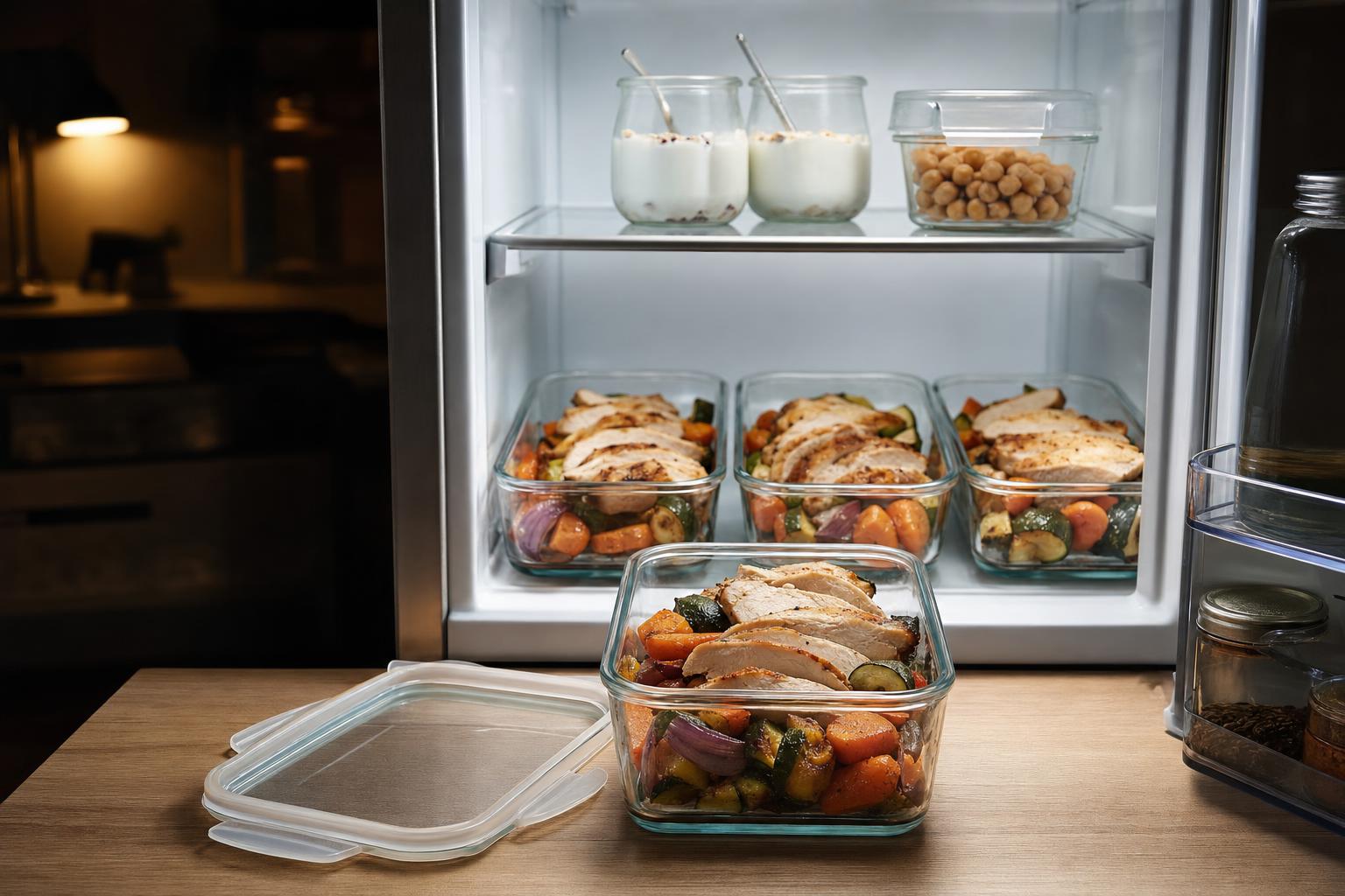 An open refrigerator in a dim evening kitchen, its light falling on a shelf of four identical glass containers of roast chicken and vegetables with one pulled forward - a menopause meal plan where Tuesday's dinner was decided on Monday.