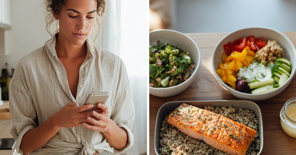 Woman checking a calorie tracking app compared to a balanced healthy meal plan with salmon, quinoa and vegetables.