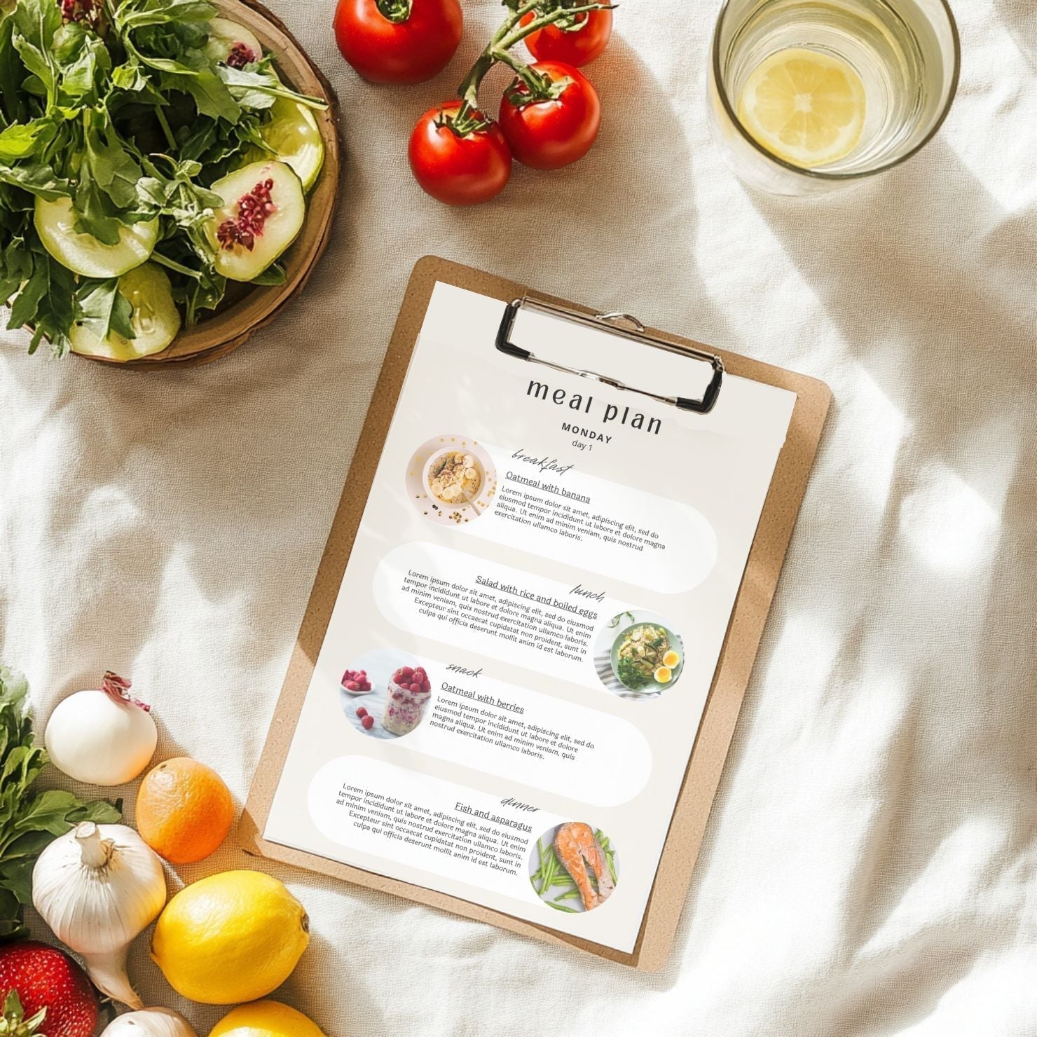 Personalized meal plan document on a clipboard with fresh vegetables and fruits