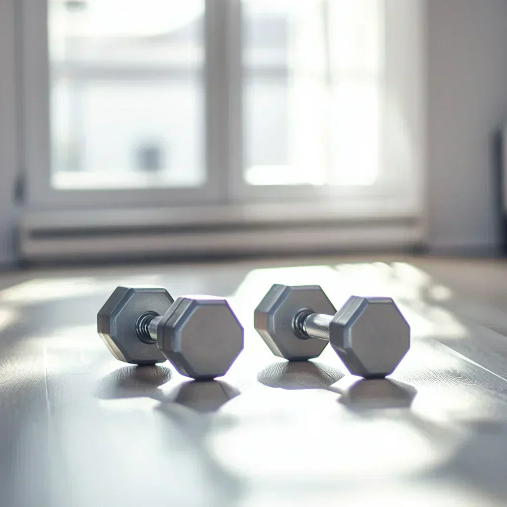 Two silver hex dumbbells on a light floor in natural light - weight training for weight loss