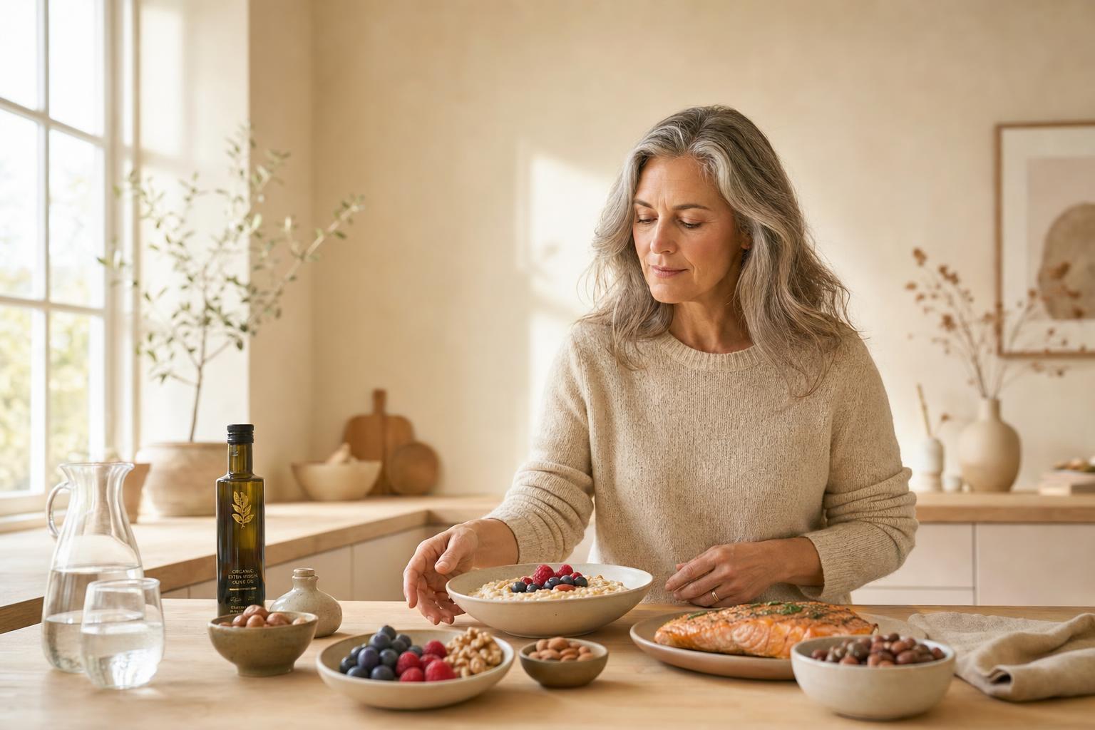 Woman in her early fifties in a calm kitchen with porridge, berries, nuts, olive oil, salmon and beans, illustrating what food does for high cholesterol in menopause.