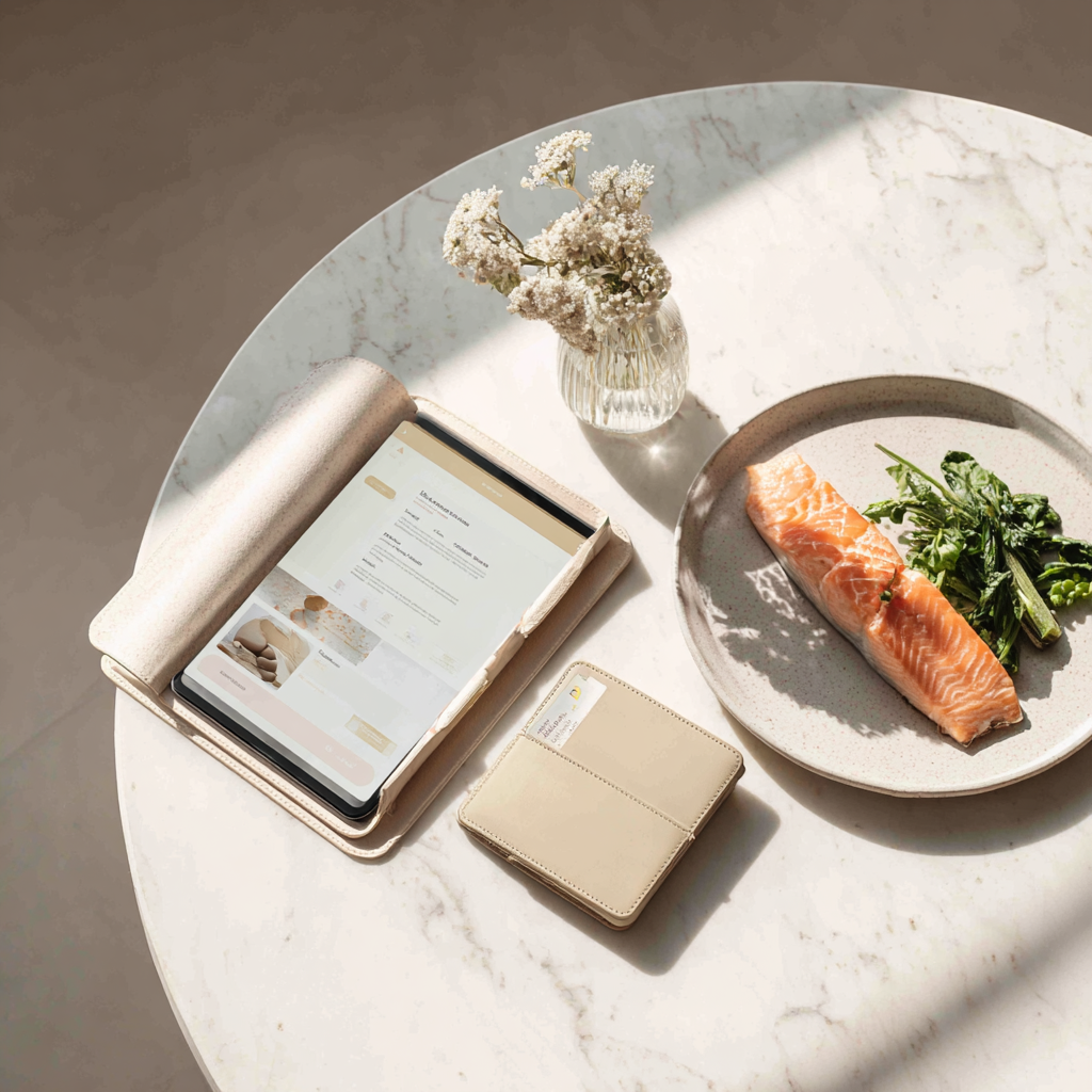 Minimalist white table with a tablet showing a meal plan, beige wallet with card, salmon dish, and soft natural light.