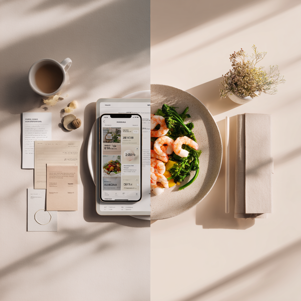 Bright split composition: on the left, a smartphone with a calorie tracking app, notes, and coffee; on the right, a clean plate with shrimp and greens, showing structured, healthy eating in a minimalist Scandinavian style.