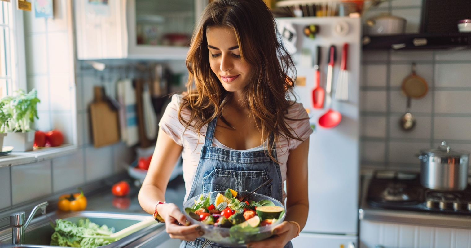 Young woman in a bright kitchen holding a fresh, colorful salad with vegetables, smiling while preparing a healthy meal at home.