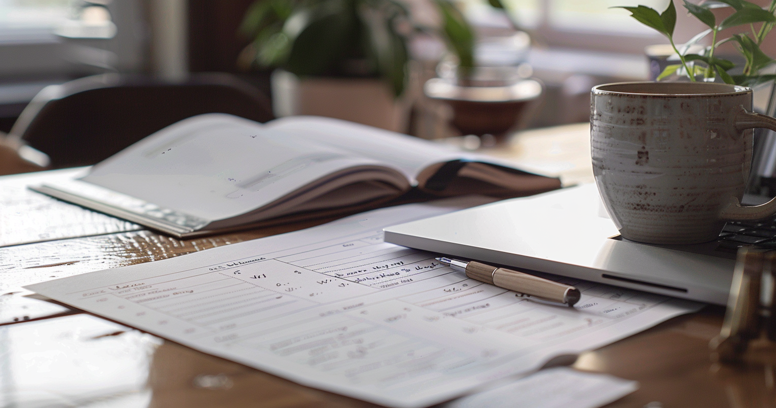 Personalized meal plan documents on a wooden desk with a laptop, pen, coffee mug, and open notebook in a cozy workspace.
