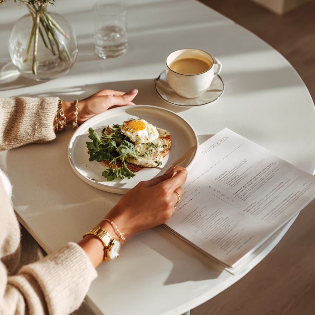 Luxury morning scene: a woman enjoying a stylish breakfast of toast with eggs and greens, holding a fork and knife at a minimalist white table, with a cup of coffee and a booklet nearby in soft natural sunlight.