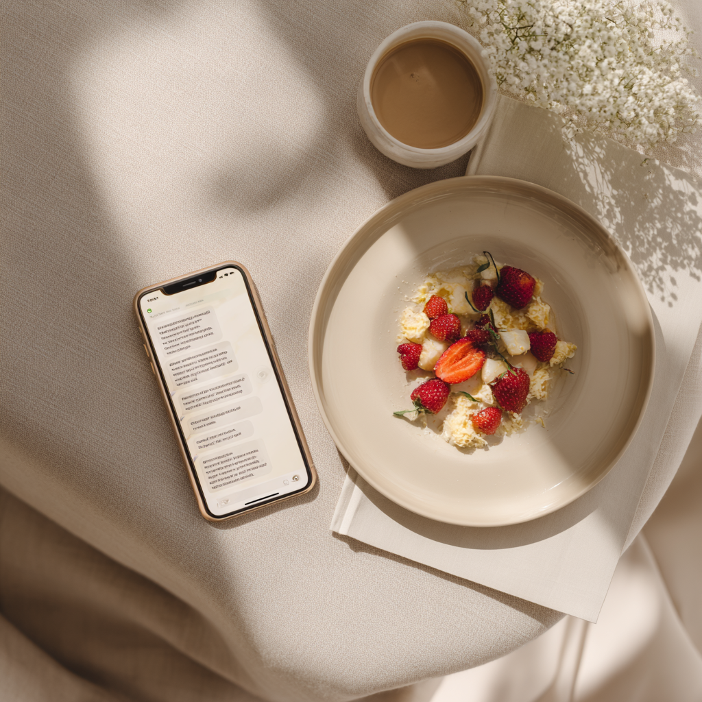 Luxury overhead breakfast scene with a minimalist beige table setting: a bowl of cottage cheese topped with fresh strawberries, a cup of coffee, delicate white flowers, and a smartphone displaying a meal plan or messages in soft natural sunlight.