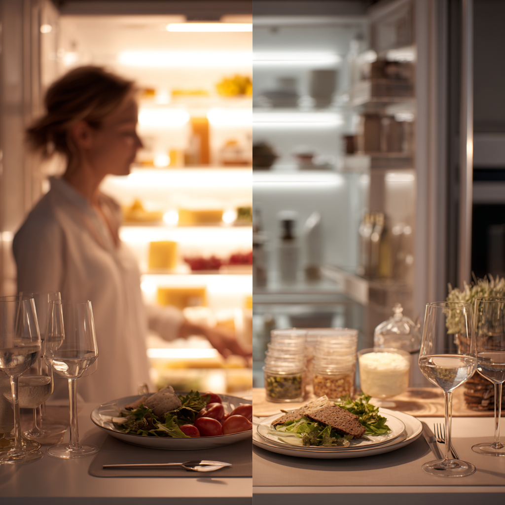 Split-scene kitchen image showing a woman by an open fridge: left side in warm lighting with a prepared salad and wine glasses, right side in cooler lighting with neatly organized ingredients and a plated healthy meal on a minimalist counter.