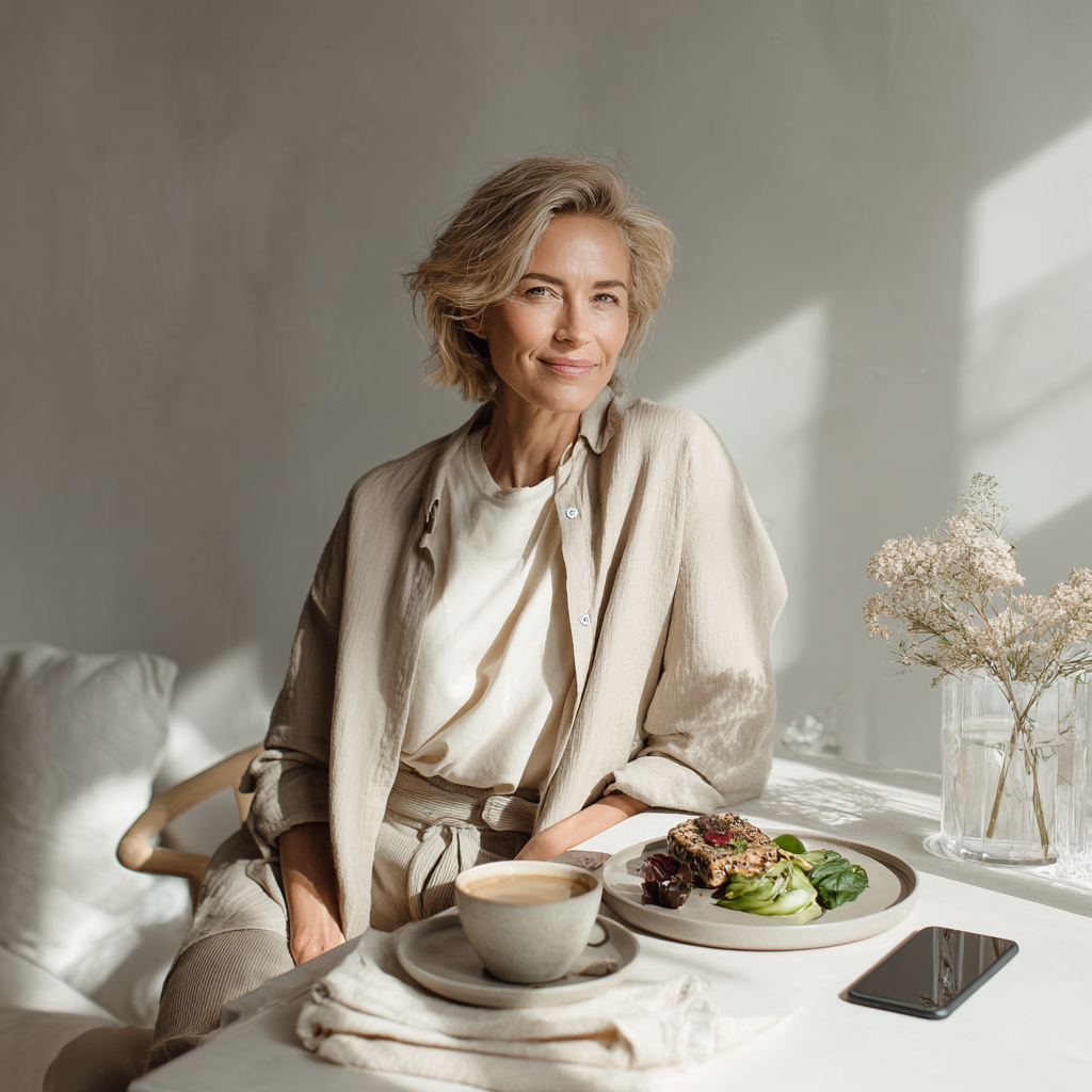 Elegant woman in her late 30s or 40s enjoying a balanced meal at a minimalist table, with a cup of coffee and natural sunlight creating a calm, luxury Scandinavian lifestyle atmosphere.