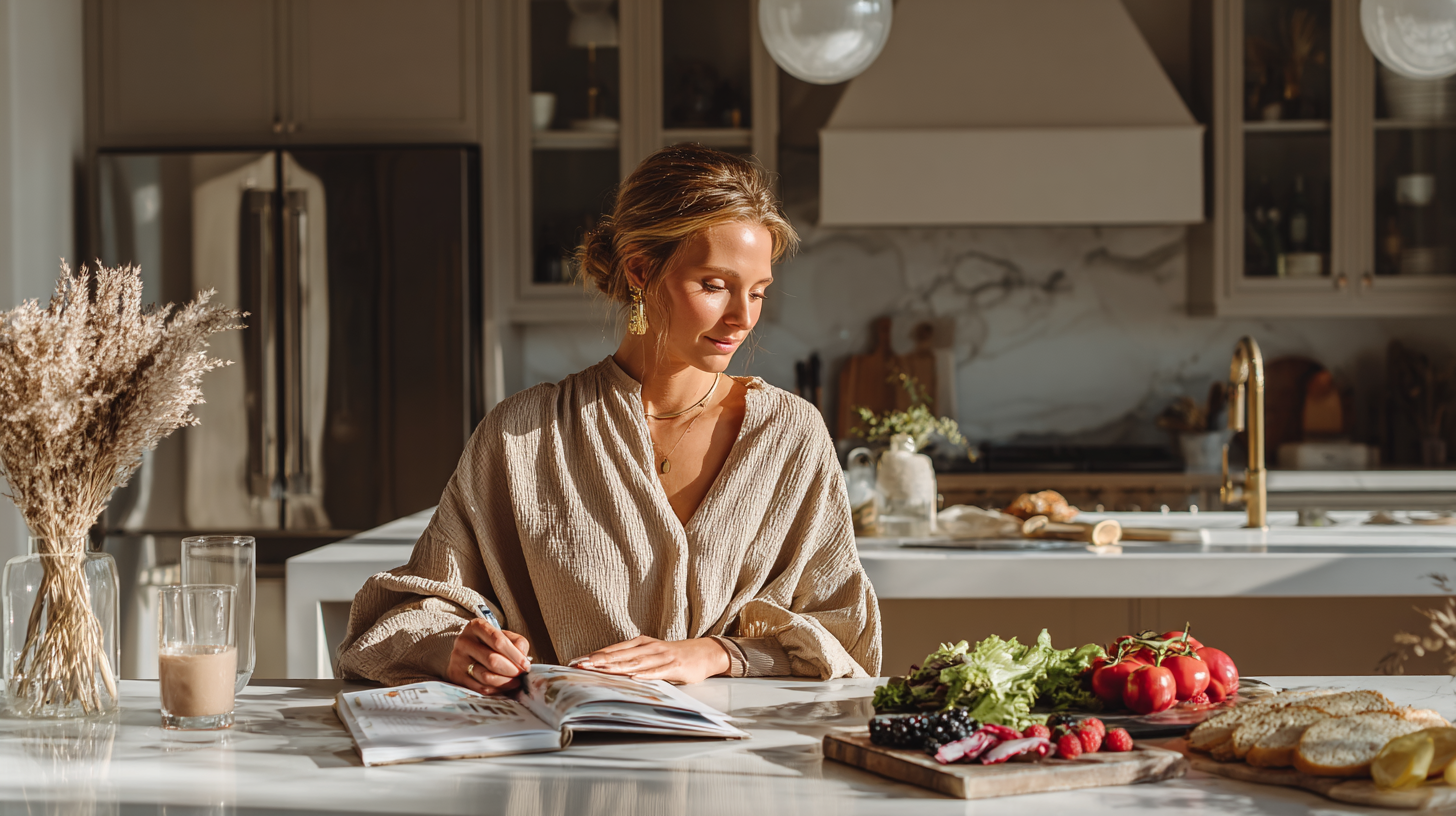 Woman comparing meal plans and reviewing a nutrition checklist before choosing a meal plan service.
