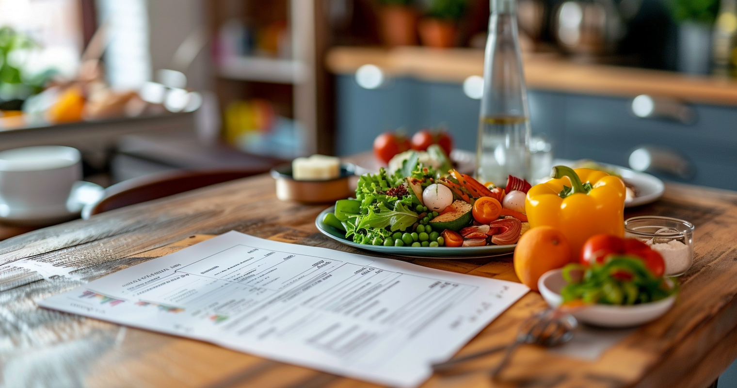 Personalized meal plan document on a wooden table next to a fresh, colorful plate of vegetables, fruits, and healthy ingredients in a cozy kitchen setting.