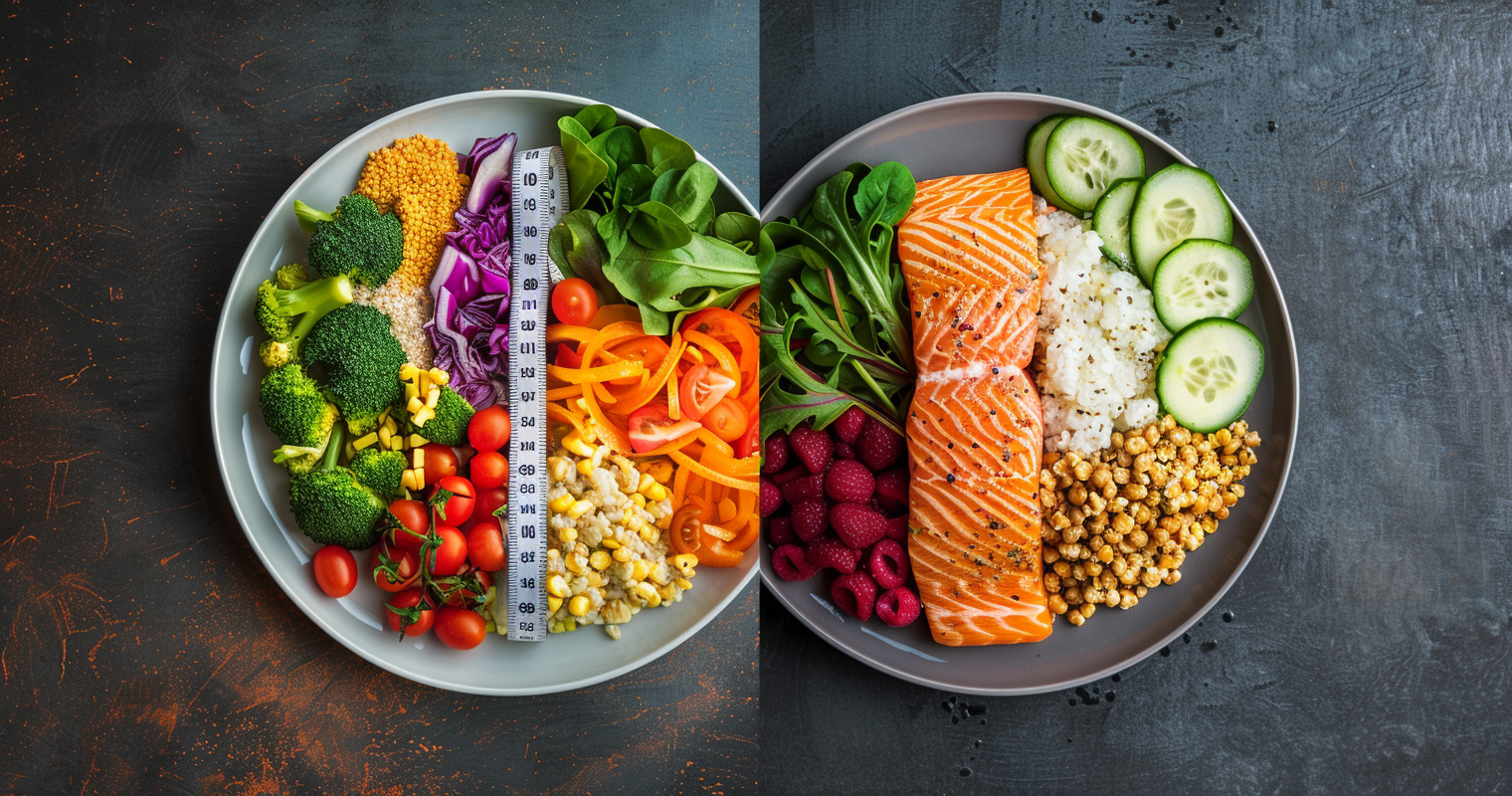 Diet vs balanced eating concept – comparison of restrictive vegetable diet with measuring tape and a nutritious balanced meal with salmon, grains, and vegetables.