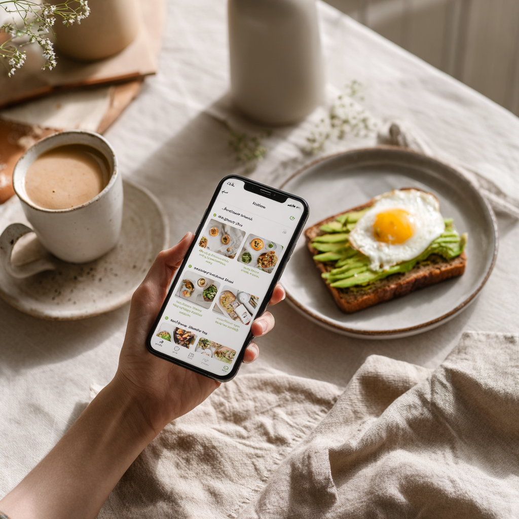 Overhead lifestyle scene of a hand holding a smartphone with a meal plan app, next to avocado toast topped with a fried egg and a cup of coffee on a neutral linen table in soft natural light.