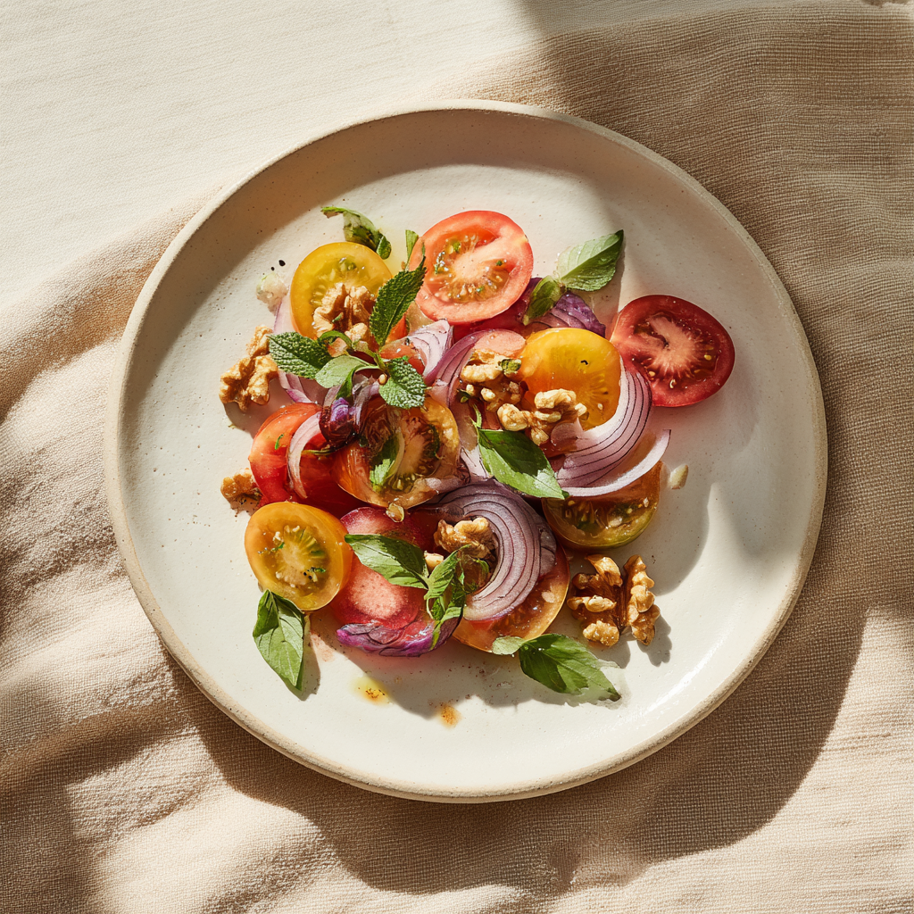 Tomato, Walnut Salad with Red Onion and Vinaigrette