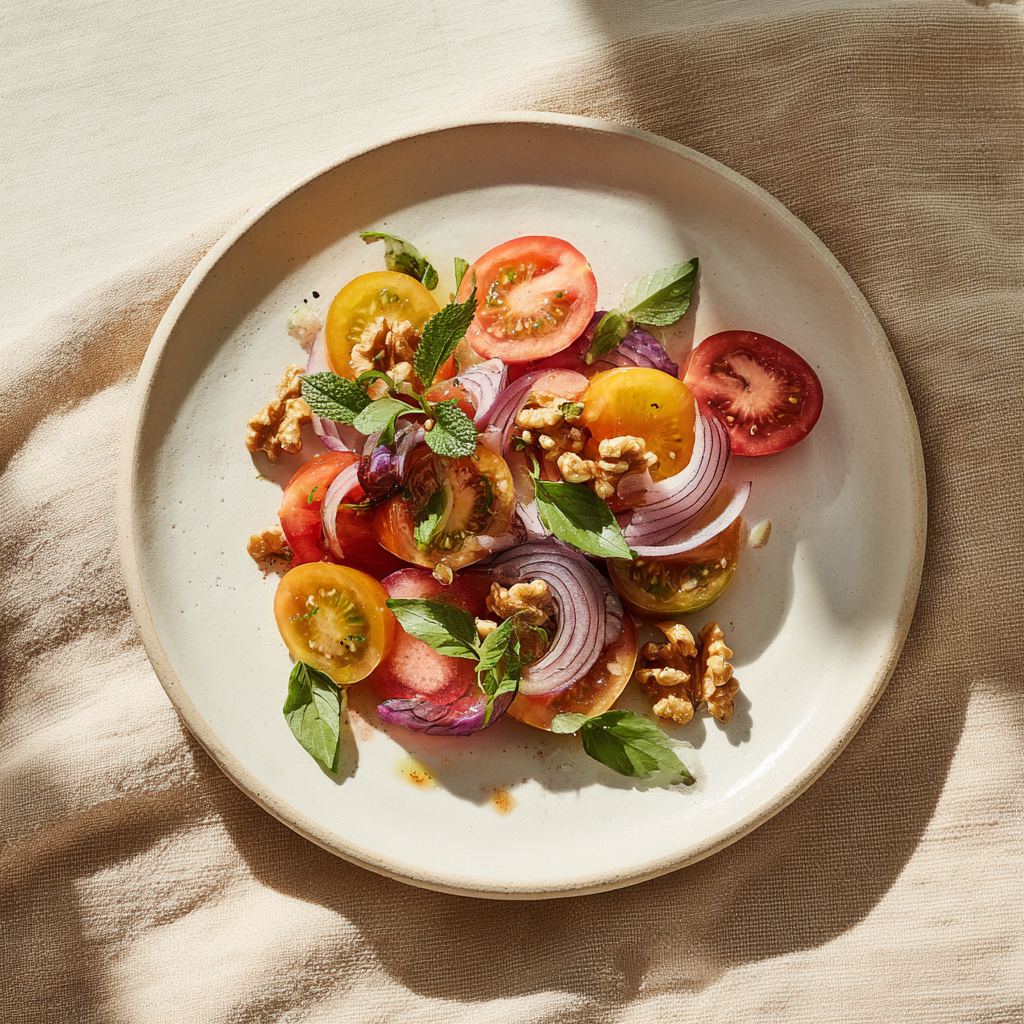 Tomato, Walnut Salad with Red Onion and Vinaigrette