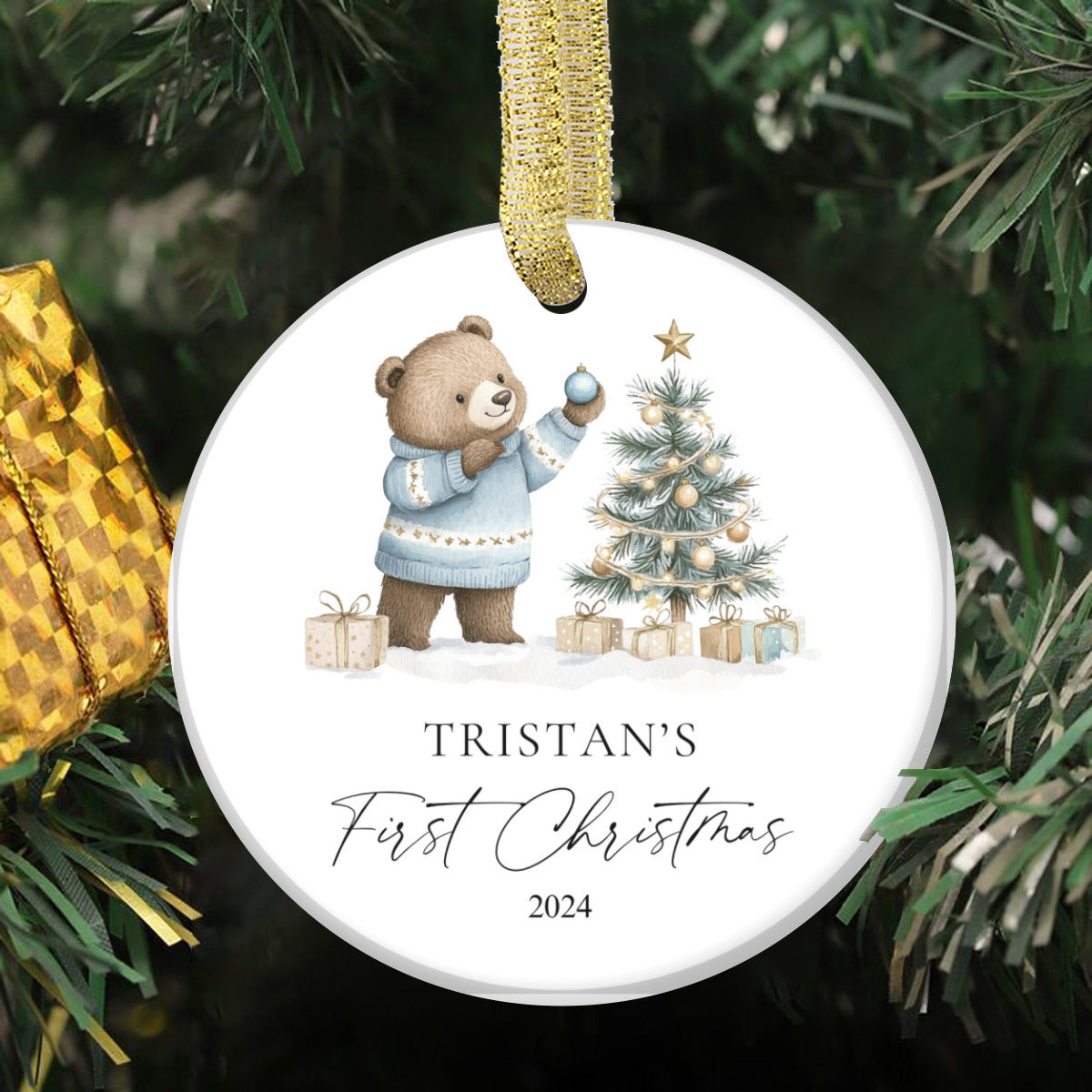 Teddy bear blue Christmas ornament